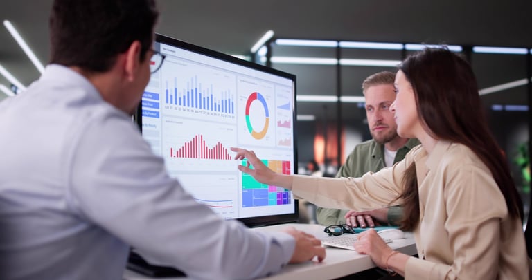 Businesswoman managing company data using analytics dashboard for financial performance
