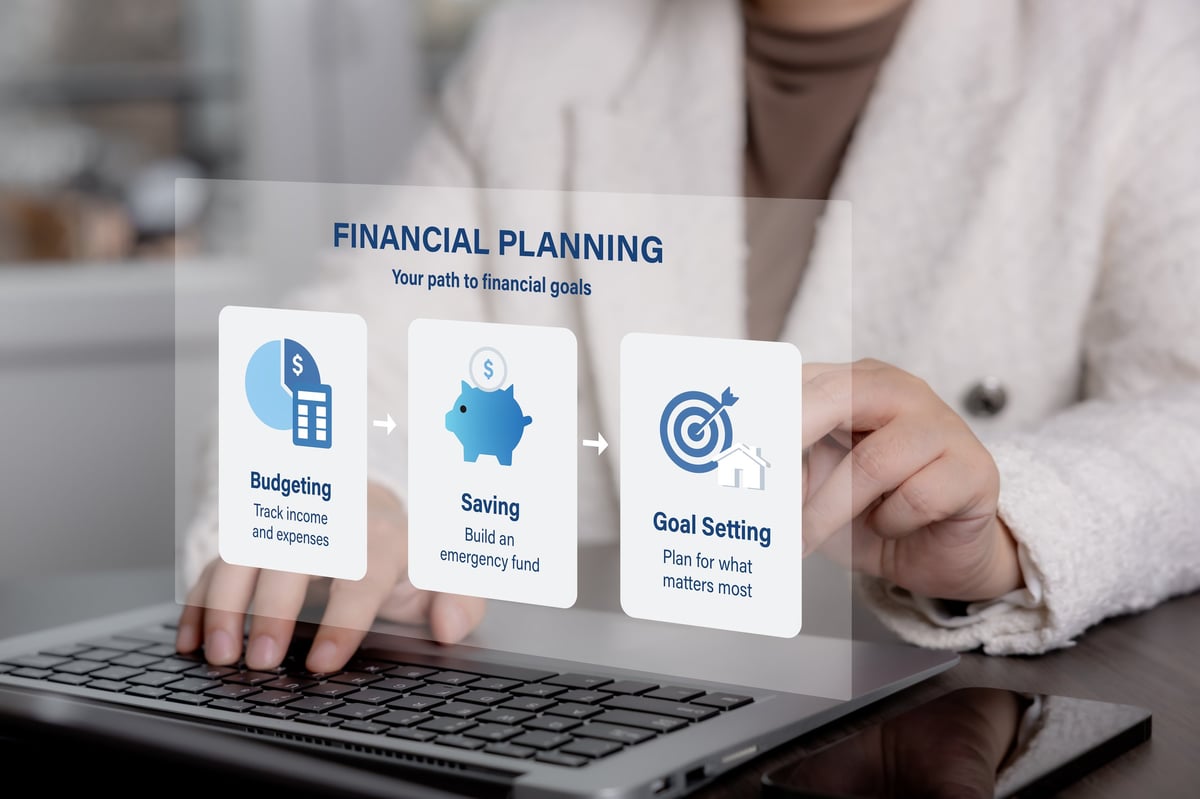 Person using laptop with financial planning interface showing budgeting, saving, and goal setting