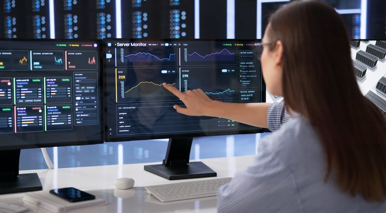IT Specialist monitoring real-time network performance using multiple screens