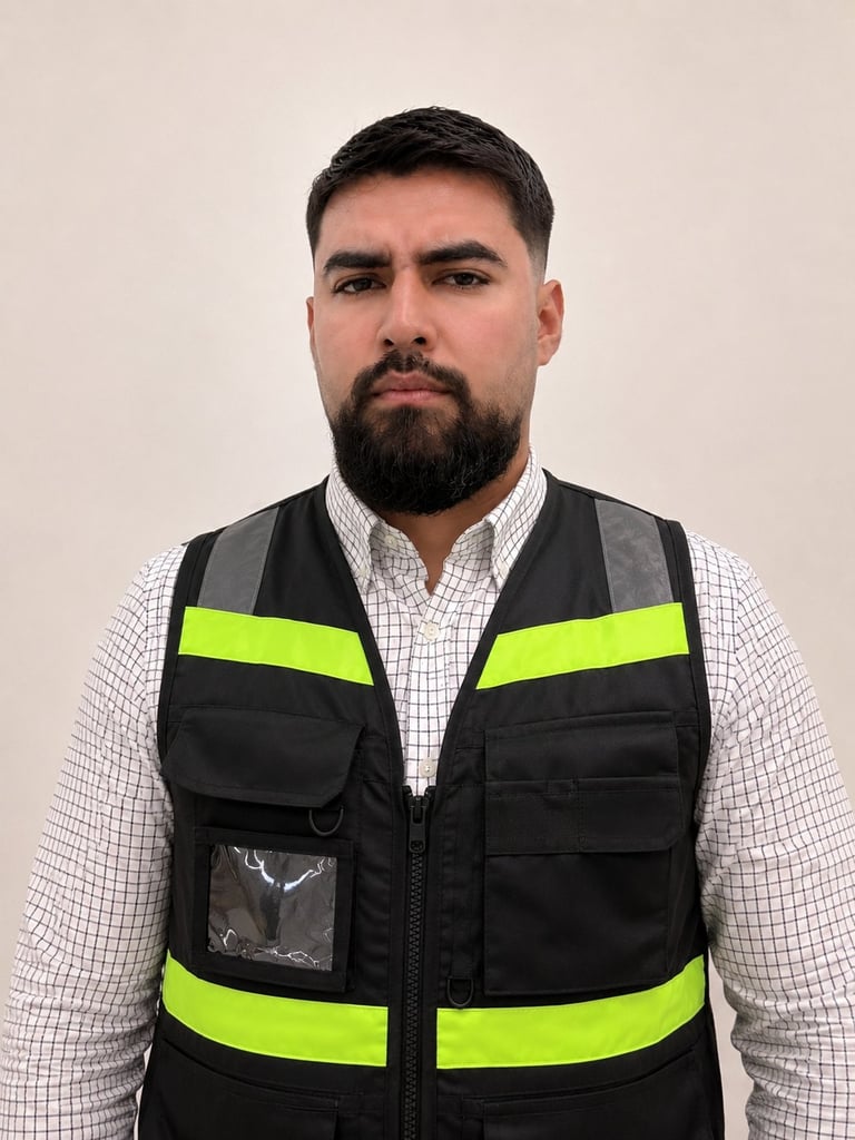 Man with beard wearing high-visibility safety vest over white checkered shirt