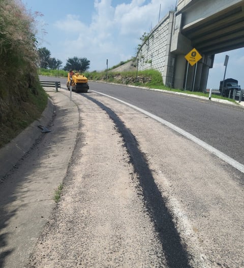 Road paving equipment on highway shoulder under concrete overpass with clear sky and green vegetation visible