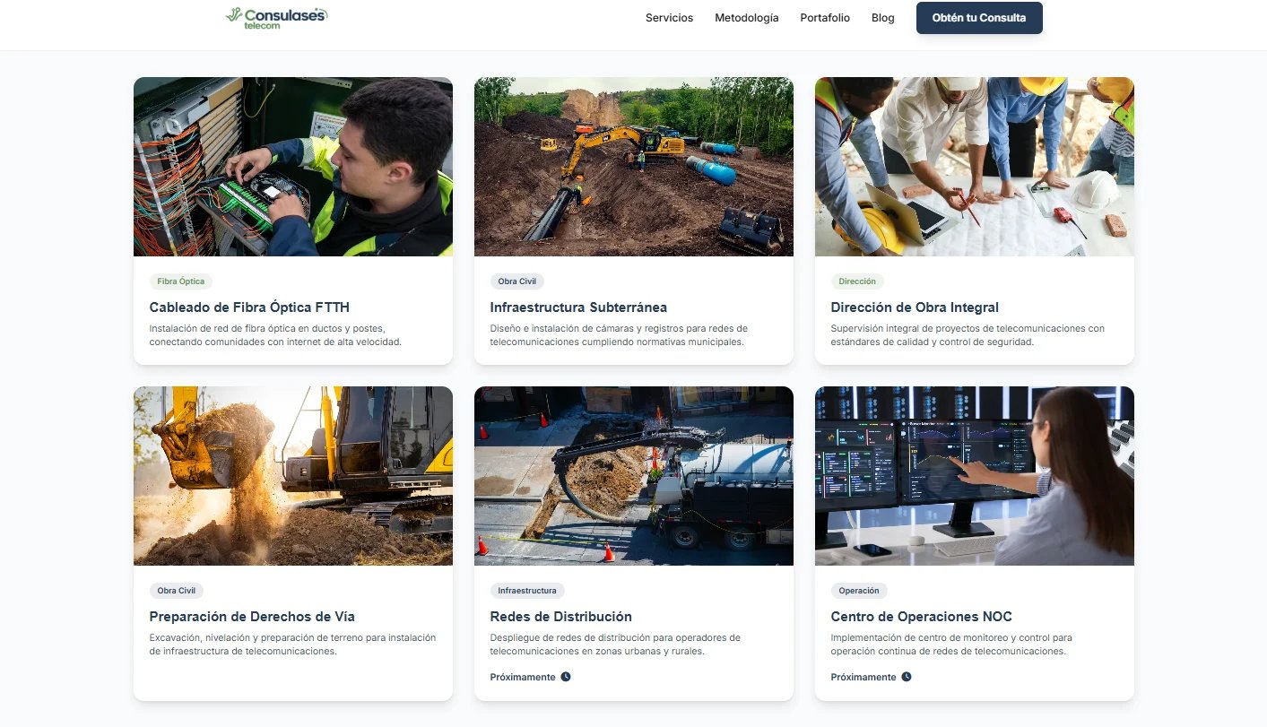 Grid of six construction and infrastructure project photos with Spanish descriptions and titles for services